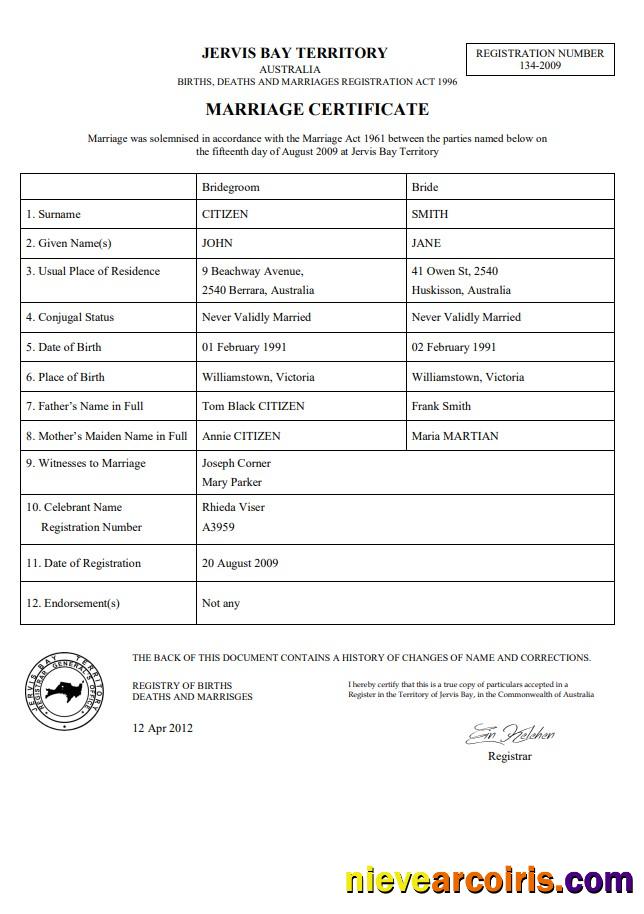 Australia Jervis Bay Territory marriage certificate